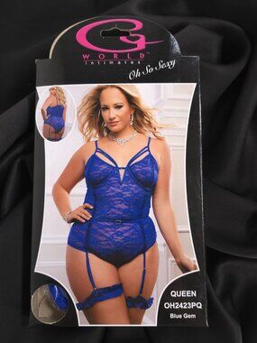 G WORLD Intimates Blue Gem 2-Piece Sheer Lace Teddy Snap Crotch Garter Set Queen